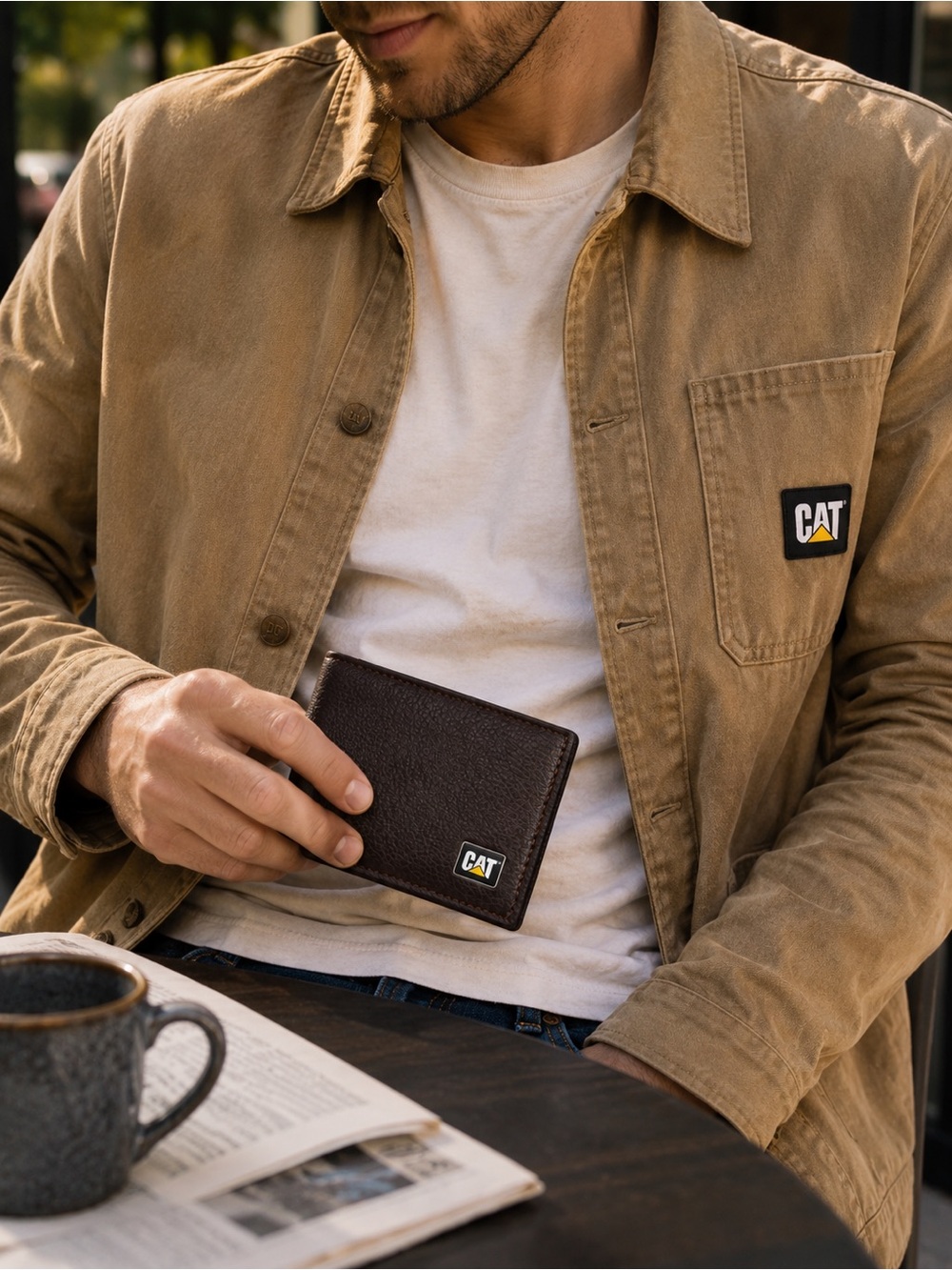 CAT-Brand Genuine Leather Men's Dark Brown Bi-Fold Wallet with RFID Shield
